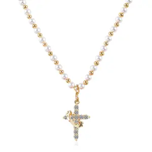 Pearl & Gold-Plated Necklace with Diamond-Studded Crown Cross Pendant for Mother's Day Gift Elegant Imitation Pearl Chain for Mom