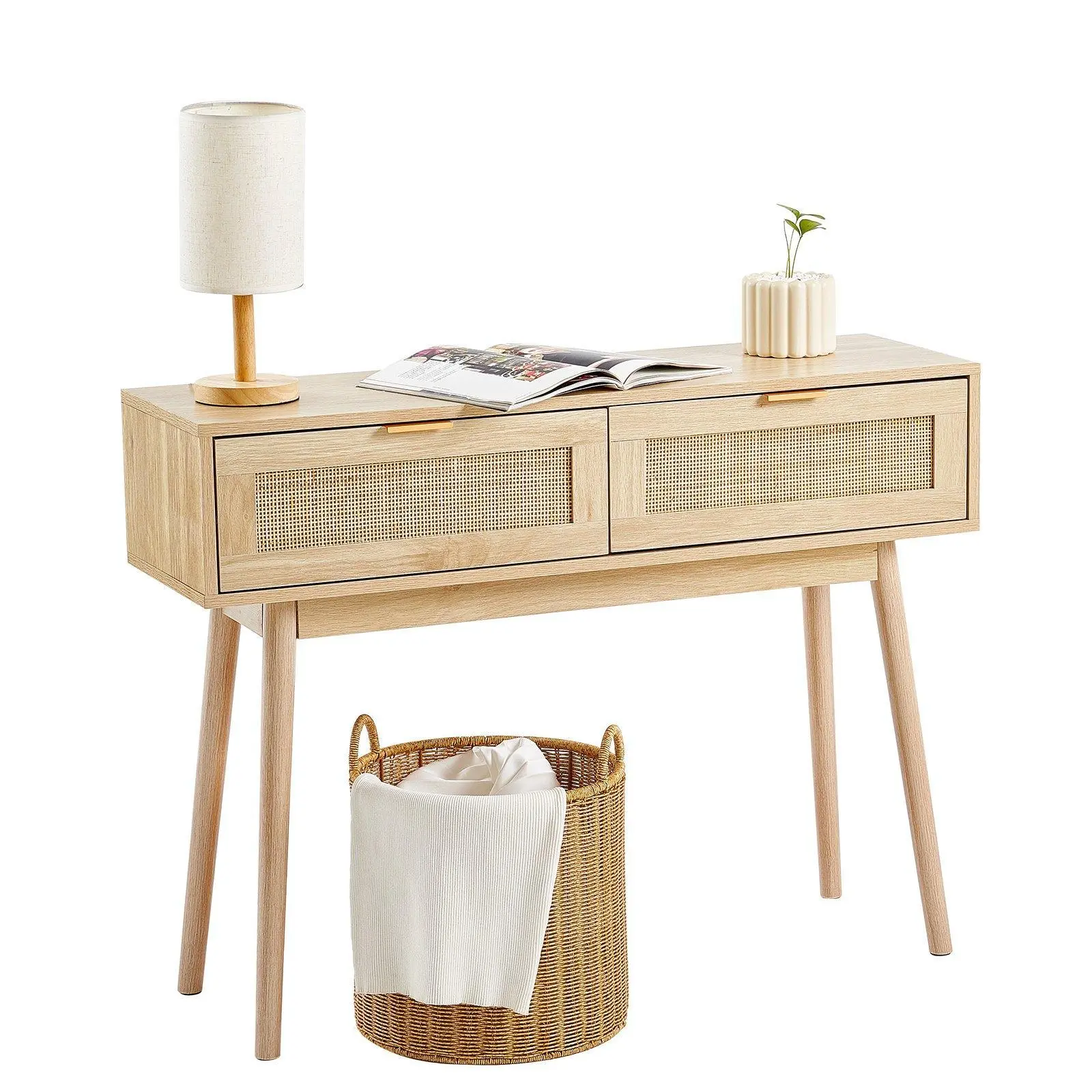 【SummerFinds】VEVOR Rattan Console Table with 2 Storage Drawers Rattan 39.37x11.81x29.33inch Sliding Door Natural,  , Rattan Entryway Table with Storage, Small Console Tables for Entryway, Entry Table for Hallway, Living Room Table