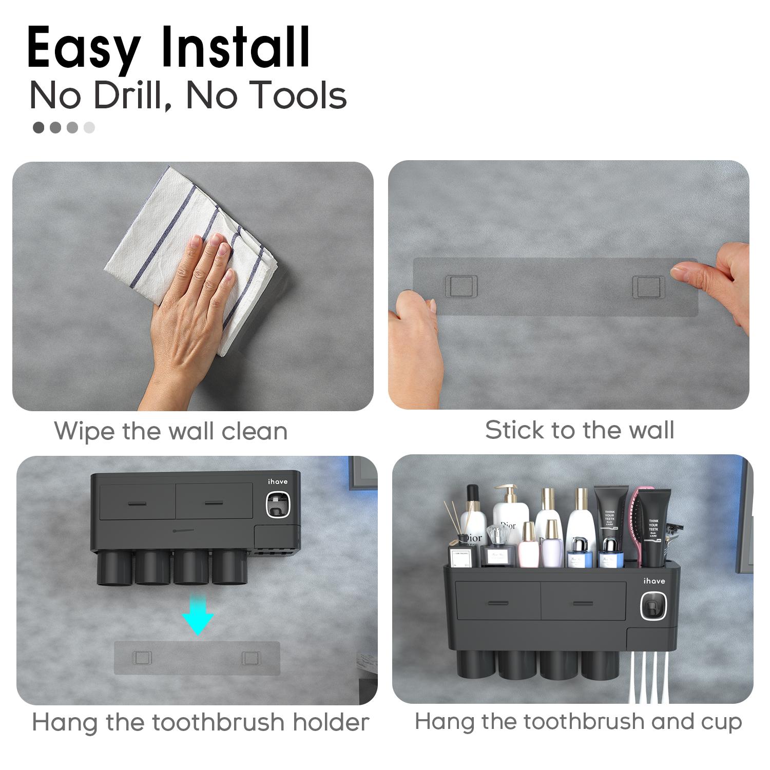 iHave Toothbrush Holders for Bathrooms, Wall Mounted Bathroom Toothbrush Holder Set with Toothpaste Dispenser, Multiple Magnetic Cups, Large Capacity Tray, 2 Cosmetic Drawers, Easy Install Bathroom Organizer, Smart Family Bathroom Accessories & Decor