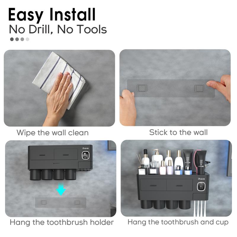 iHave Toothbrush Holders for Bathrooms, Wall Mounted Bathroom Toothbrush Holder Set with Toothpaste Dispenser, Multiple Magnetic Cups, Large Capacity Tray, 2 Cosmetic Drawers, Easy Install Bathroom Organizer, Smart Family Bathroom Accessories & Decor iHave Toothbrush Holders for Bathrooms, Wall Mounted Bathroom Toothbrush Holder Set with Toothpaste Dispenser, Multiple Magnetic Cups, Large Capacity Tray, 2 Cosmetic Drawers, Easy Install Bathroom Organizer, Smart Family Bathroom Accessories & Decor