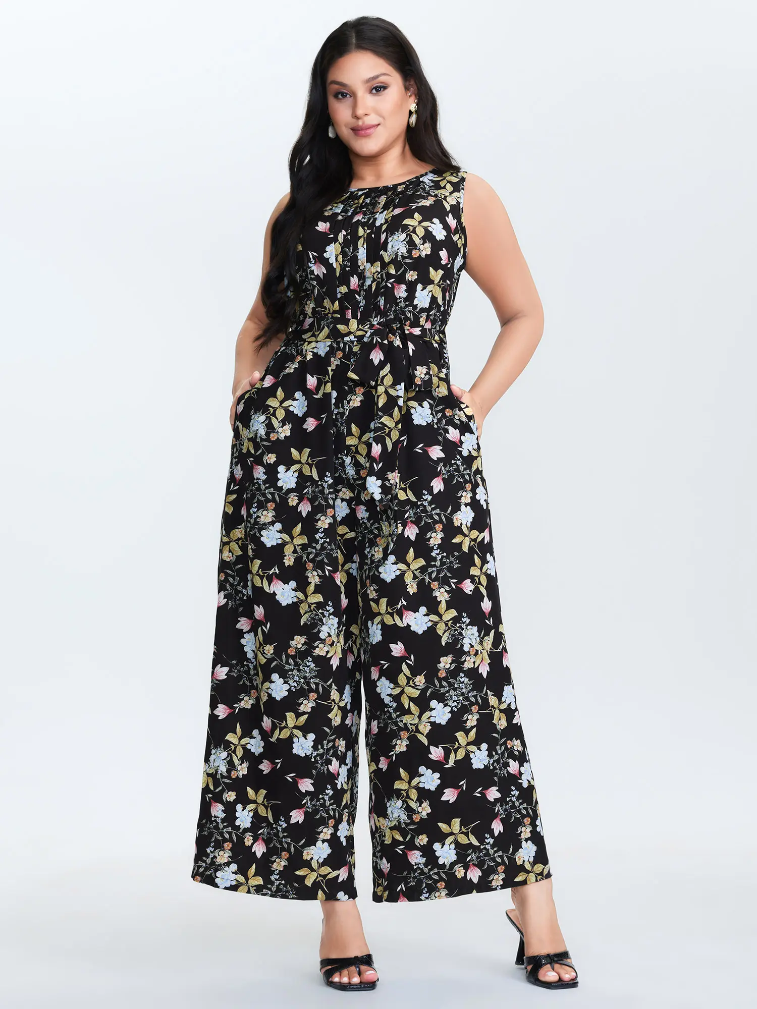 BloomChic Plus Size Timeless Ditsy Floral Jumpsuit, a Smooth Low Iron Polyester Garment with a Belted Maxi Design, Spandex, Pocket, Sleeve, Fabric, Women, Plus Size Clothes, Fit, Wide Leg, Polyester Blend, Ditsy Print, Round, Multi-Size