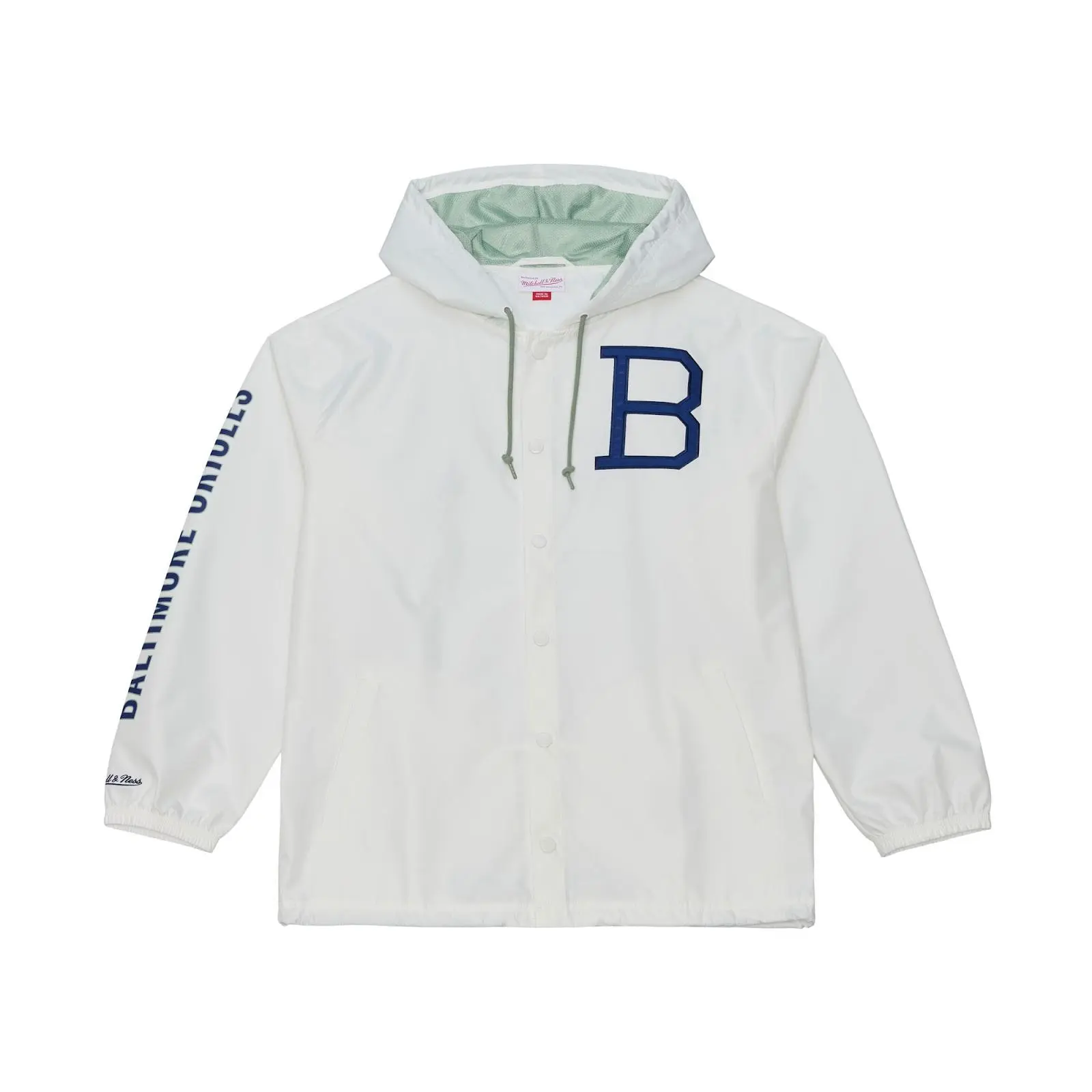 Mitchell & Ness Men's Baltimore Orioles White Yacht Rock Coaches Full-Snap Front Hooded Windbreaker Jacket, All-Season Casual Wear, Lightweight Regular Cut