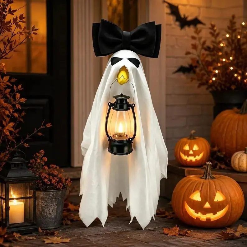 Outdoor LED Light-Up Spooky Cute Halloween Ghost Statues - Lantern-Equipped with Red & Black Bows, Garden Sculpture, Yard Decoration for Home Improvement, Lawn Ornament Backdrop