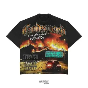 Y2K "Gdspeed Los Angeles Wildfire" Graphic Tee – Faith Over Fear Tops T-shirt Streetwear, Y2K Style Casual Cotton Classic Crewneck Design Tees