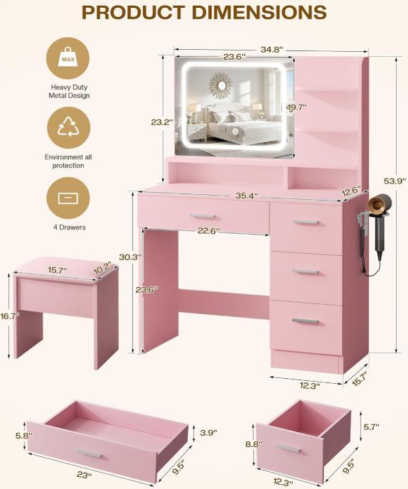 WeCharmer Vanity Desk Set with Square Mirror, 23.62''D x 15.74''W x 53.93''H, Includes 2 Drawers, 3 Storage Shelves & 2 Closed Storage Dividers Furniture Bedroom Modern Table White Organization Aesthetic Design Minimal