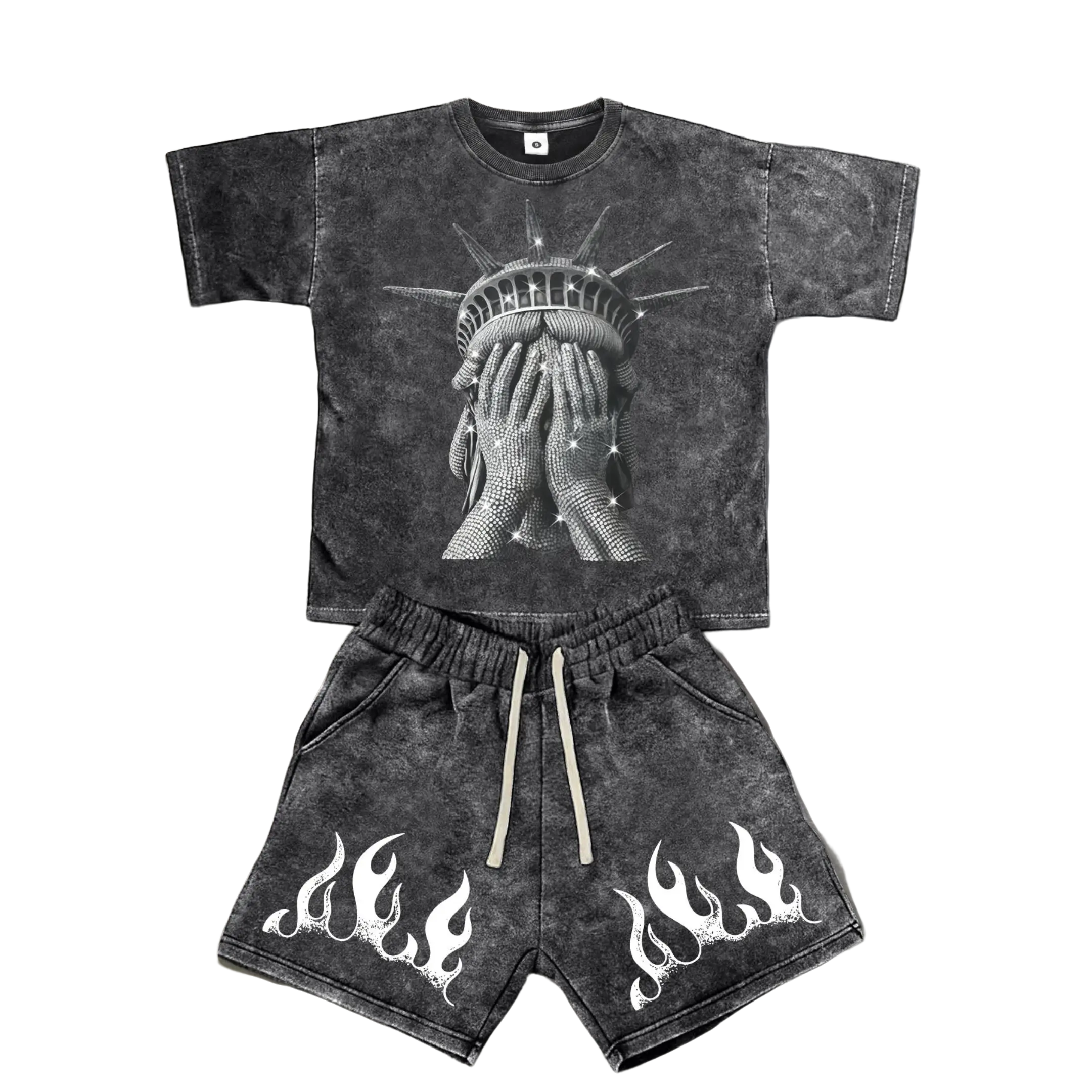 Men’s Fashion Cotton Sports Casual Short-Sleeve Top and Shorts Set — American Streetwear Y2K “Snowflake” Style, Freedom Goddess Flame Print, Unique Design. Comfortable, breathable, lightweight fabric for surfing and basketball. Suitable for all seasons. A