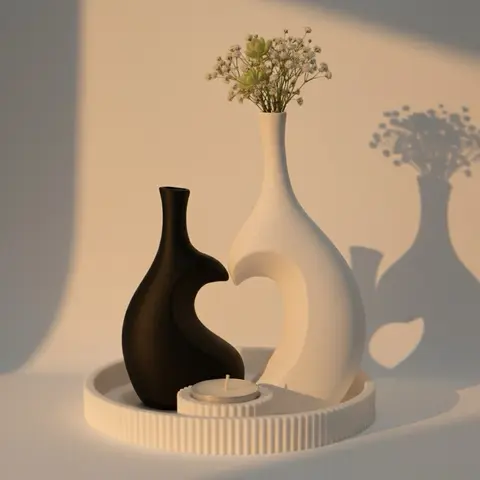 4-Piece Matte Black Modern Minimalist 3D Printed Plastic Round Heart-Connecting Flower Vases, Solid Color Decorative Set, Aesthetic Home Decor, Room Decor, 0-50 cm Tea-Light Glow Vessel for Work Space, Living Room Centerpiece, Valentine's Day Gift