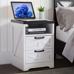 Garvee 21.69"H Farmhouse Nightstand with Charging Station,2 AC Outlets, Type-c Ports &  USB, End Table with 2 Drawers Storage,Side Table,Bedside Cabinet for Bedroom,Living Room, Withe