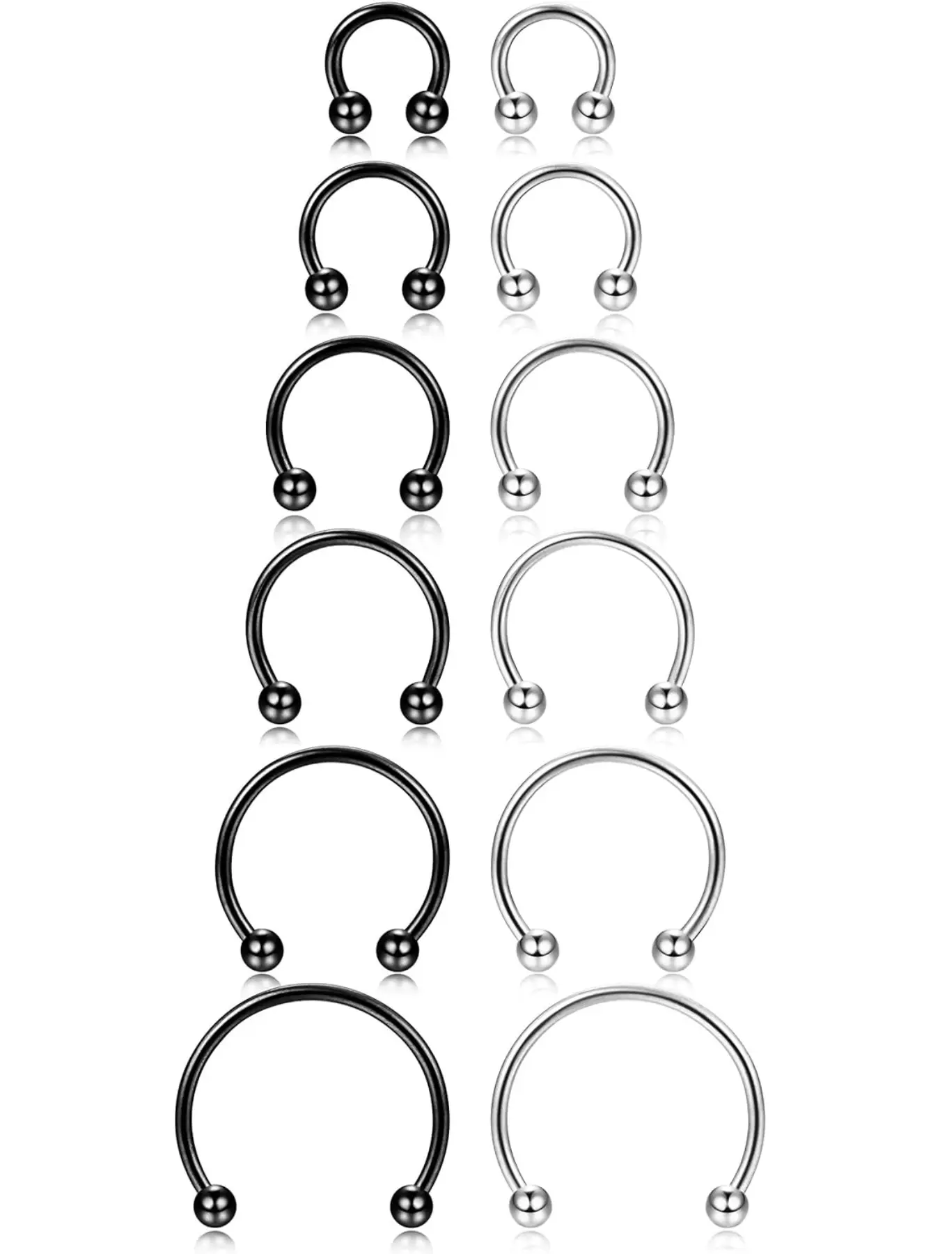 12Pcs 14-16G Stainless Steel Nose Rings Septum Piercing Jewelry Cartilage Horseshoe Earring Body Piercing 6MM-16MM Nose Rings Hoops