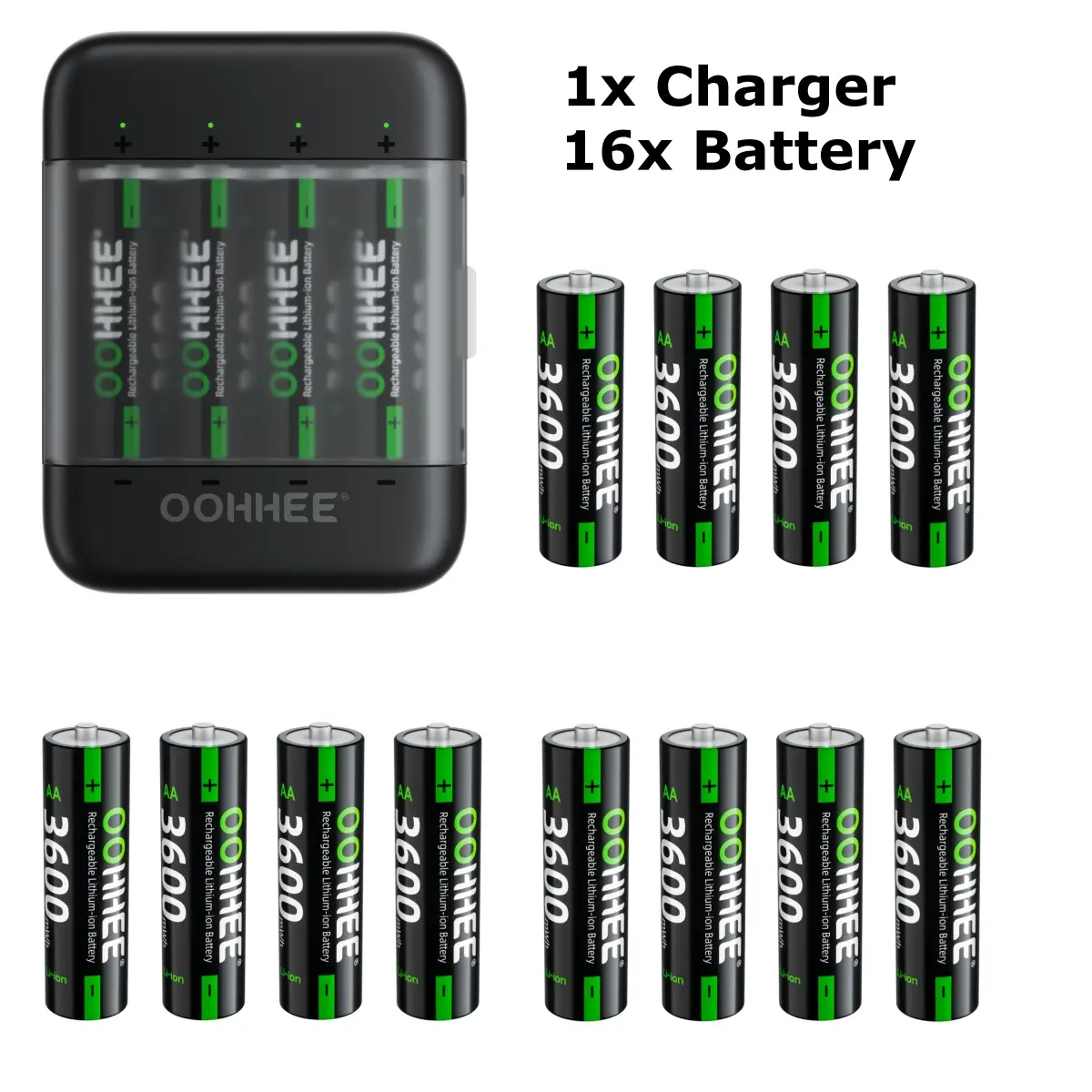 OOHHEE 4/8/12/16-Pack 1.5V 3600mWh AA Lithium Rechargeable Batteries with Li-Ion Portable 4-Slot Universal Battery Charging Storage Box for Gamepads, Cameras, High-Drain Users, Li-Ion Universal Battery Chargers