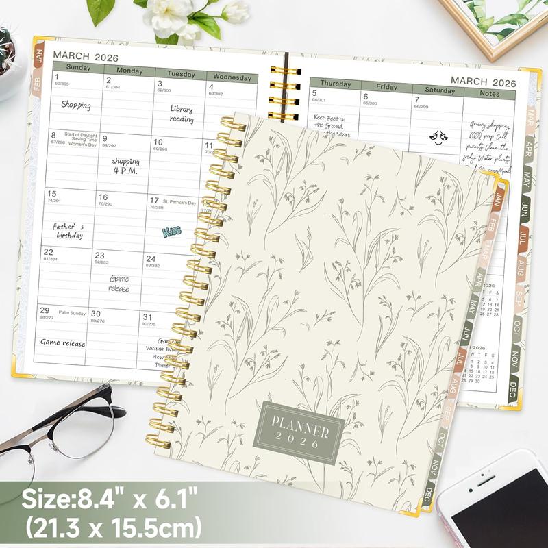 2026 Planner, Weekly and Monthly Planner from January 2026-December 2026, 8.4"x 6.1" Aesthetic Greenery Agenda Book with Back Pocket, Stickers, Coated Tabs, A5 Size