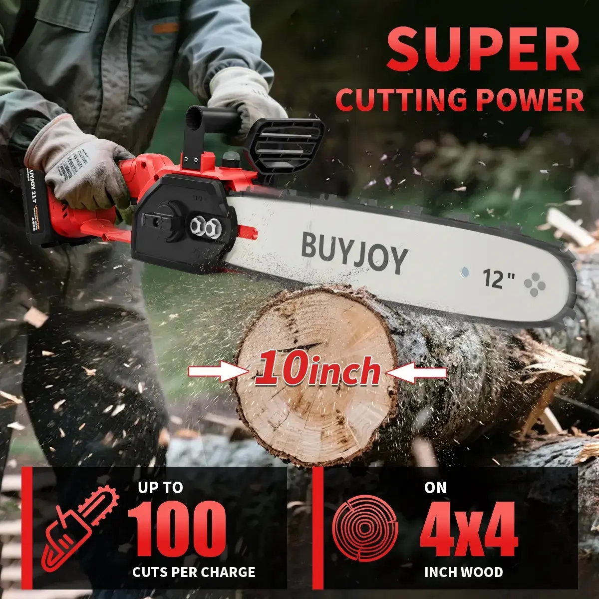 BUYJOY12-Inch Cordless Chainsaw, 1200W Brushless Motor Battery-Powered Saw with Tool-Free Chain Tension Adjustment, Multi-Layer Safety Protection, Tempered Sharp Chain for Yard Logging, compatible condewalt
