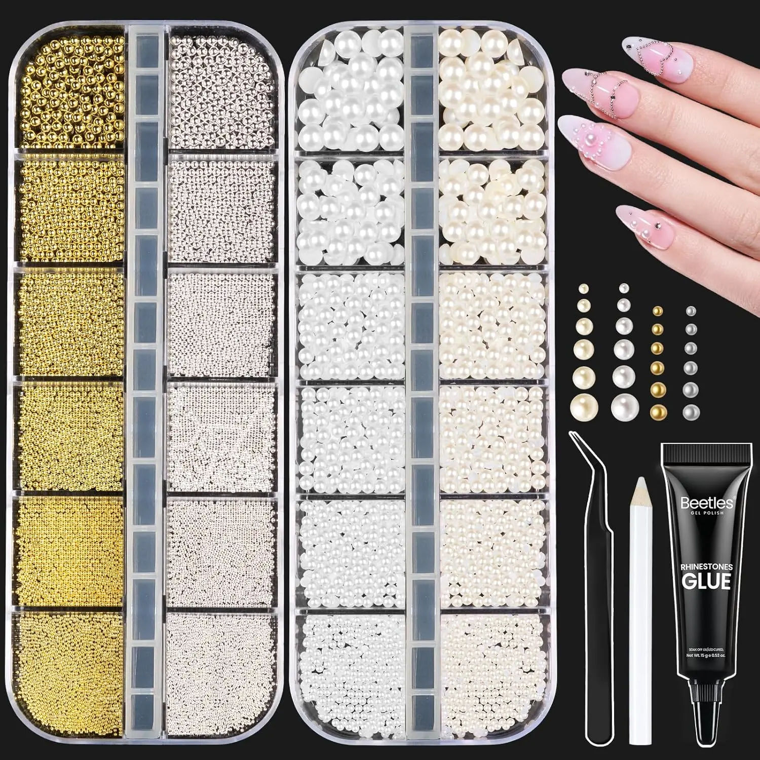Beetles 3D Nail Charms Gold Silver Nail Beads and White Pearl with 15g Rhinestone Glue Tweezers Pick-up Pencil for Nails Art Metallic Round Caviar Beads White Flatback Pearls Manicure Accessories