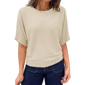 Imily Bela Womens Short Sleeve Sweater Summer Batwing Trendy Casual Boat Neck Lightweight Loose Fitting Knit Tops