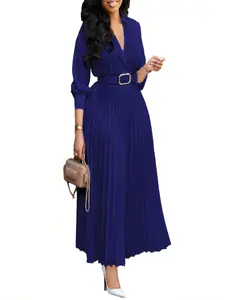 Women’s Pleated Midi Dress Long Sleeve High Waist A-Line Elegant Casual Outfit