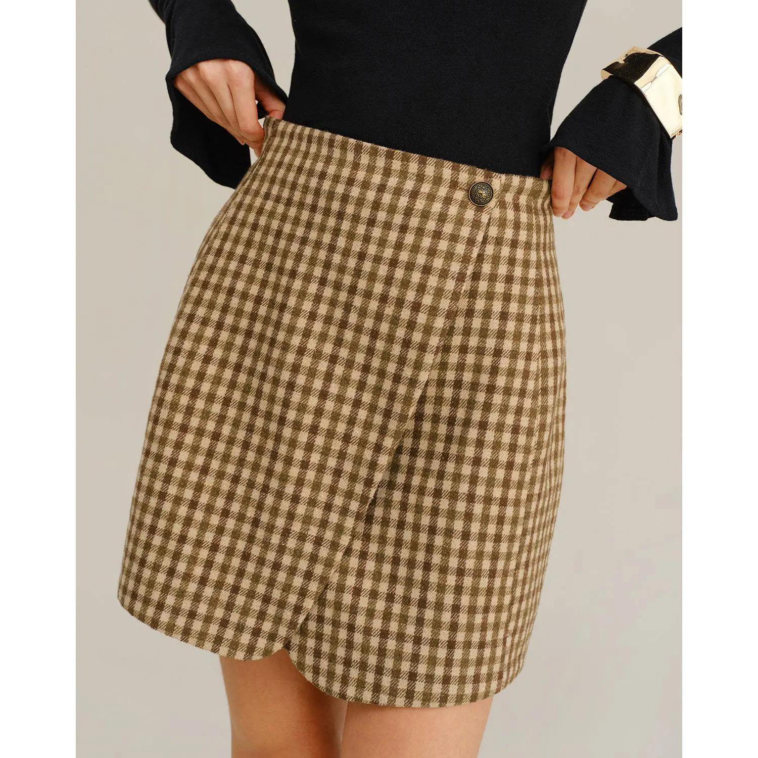 RIHOAS Women's High-Waisted Polyester Black White Checkered Plaid Print Wrap Mini Skirt with Button Detail for Business Work Office Wear