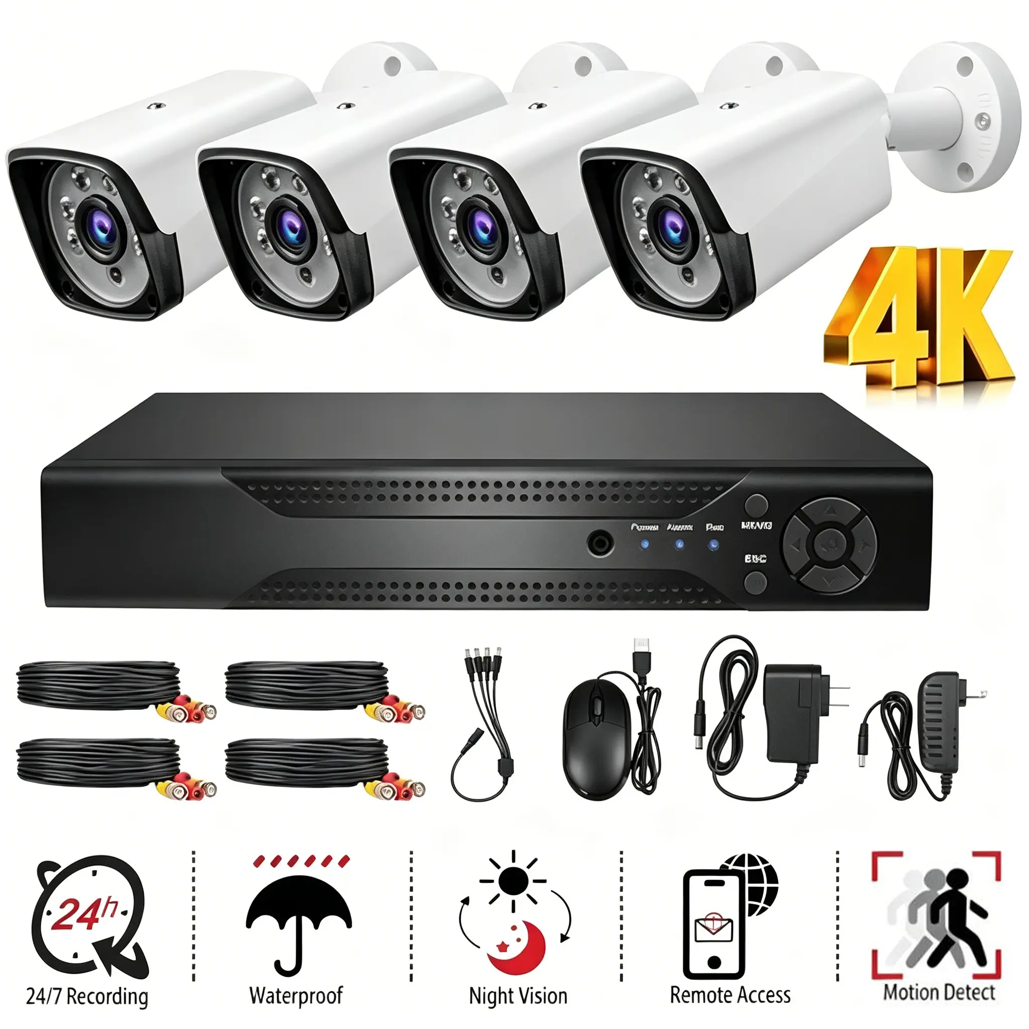 Kepeak Wireless & Wired 4-Camera Digital Home Security Device - 1080P HD WiFi Monitoring Cameras with Lens, NVR/DVR Recorder, Night Vision, Motion Alert, Weatherproof, Plug & Play, Remote Phone Access, 24/7 Automatic Recording, Hard Drive
