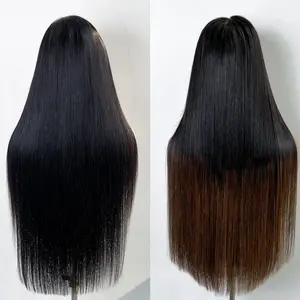 RAW VIETNAMESE HAIR 13X4 HD LACE WIGS Human Hair Bone Straight  Wig Natural Black & Ombre Brown 200% Density Super Double Drawn High Quality