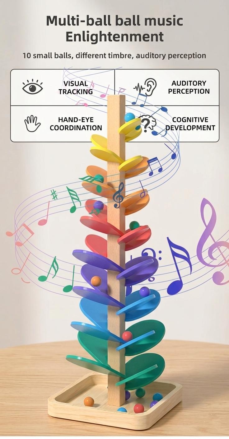 Rainbow Music Tree Wooden Marble Run Toy | Large 3cm Safety Marbles Wooden Sound Tree | Montessori Sensory Educational Toys for Toddlers Kids Boys Girls Birthday Gift (70cm)