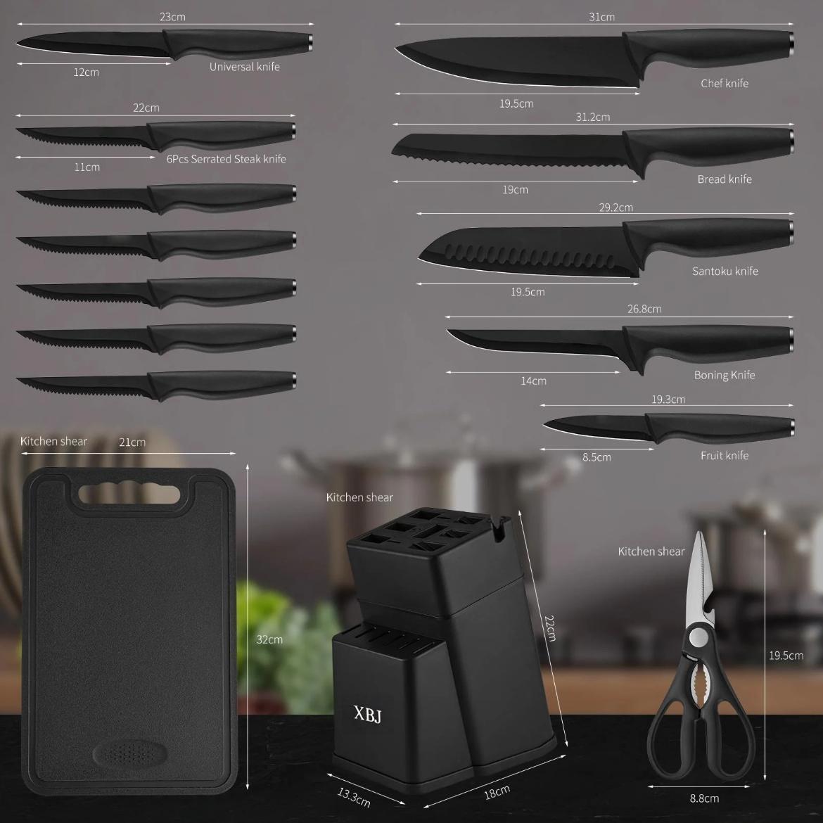 14-Piece Kitchen Knife Set Material: High-carbon stainless steel, with sharp blades Includes: Serrated steak knife set (stainless steel material); it also features modern kitchen utensil properties Block German Kitchenware
