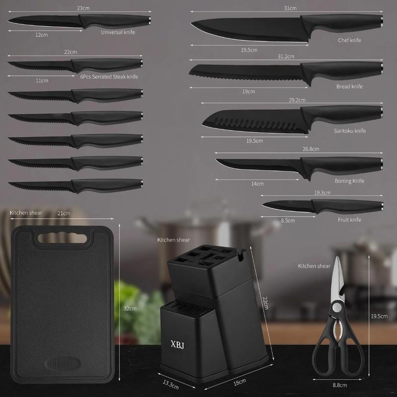 15 Pcs Steel Kitchen BlockKnife Set with Block, Sharpener, Heavy PoultryShears and 6pcs Serrated Steak Knives RazorSharp, Anti-Slip Handle Steel,Handy, Stainless German Blade Utensils Modern Kitchenware Storage Cutting