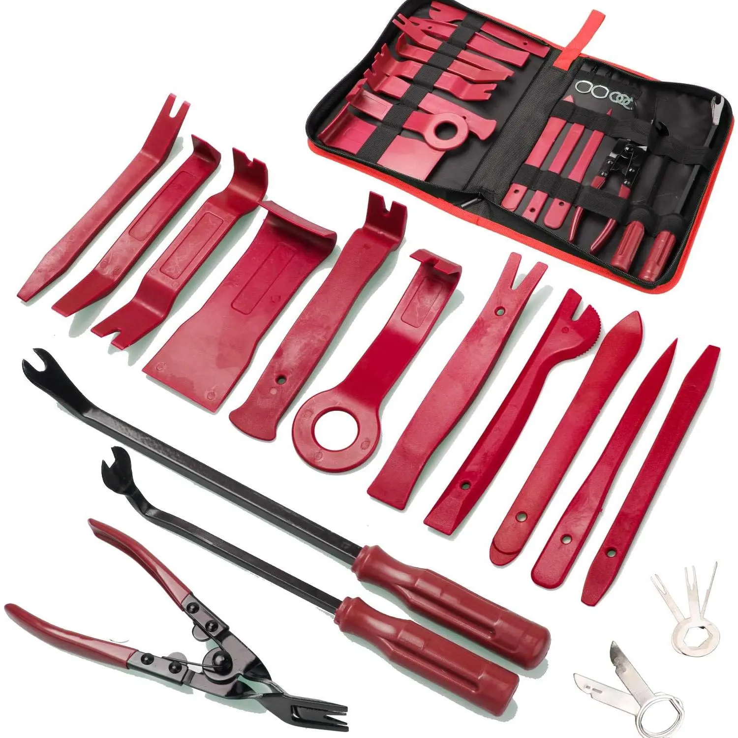 19-Count Automotive Interior Repair Toolset with Portable Zippered Storage Bag, Door Panel Trim Tool, Emblem & Molding Removers, 2 Stereo Fastener Removers, 3 Terminal Auto Clip Pliers for Car Assembly & Disassembly, Emblems, Toughened Nylon Fibers, Trim,