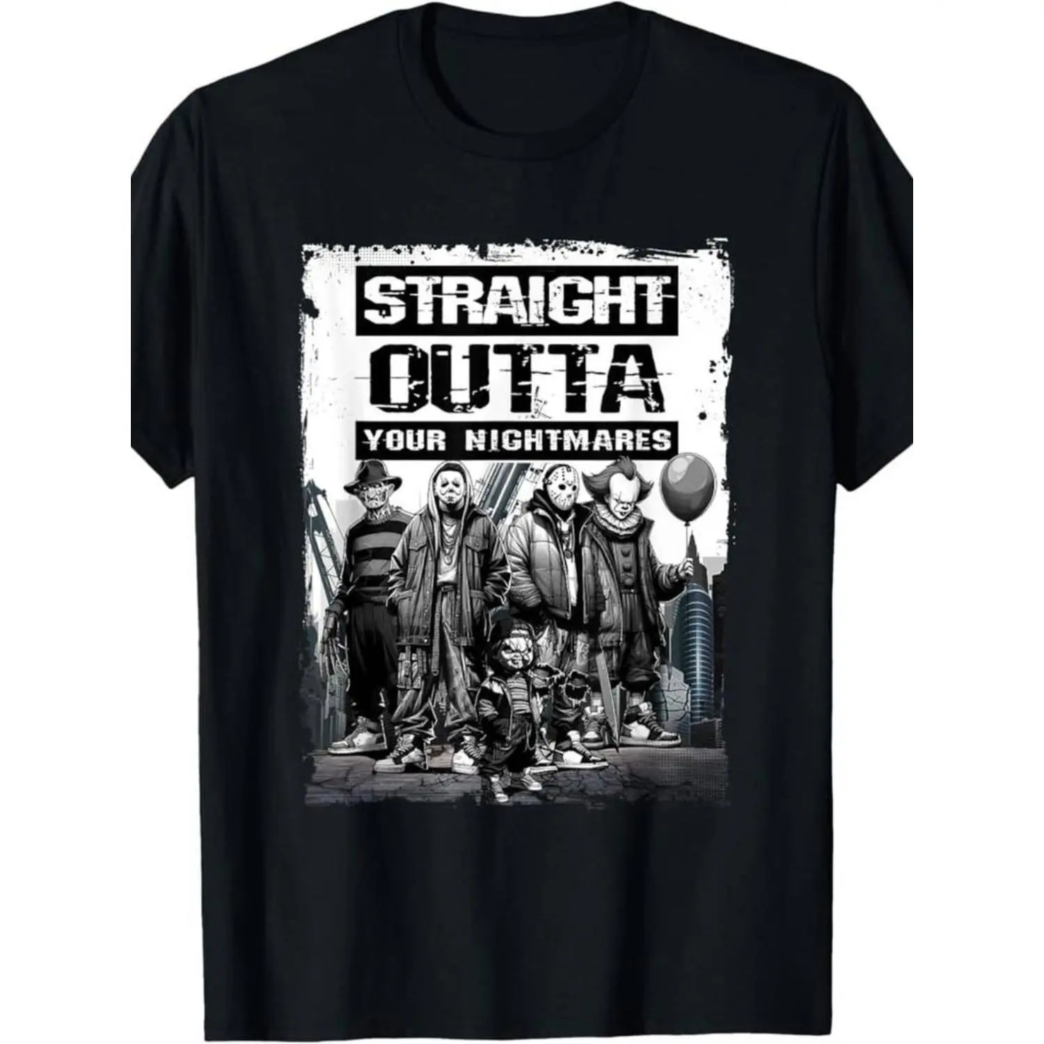 Straight Outta Nightmares" Men's Vintage Horror Halloween T-Shirt - 25% Cotton