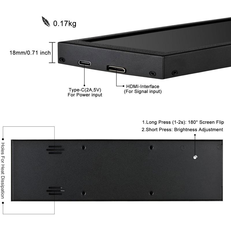 wisecoco 8.8“ Mini Bar Screen Display - Ultra-Wide IPS Panel, Type-C Connectivity, System Monitor for PC and Mac