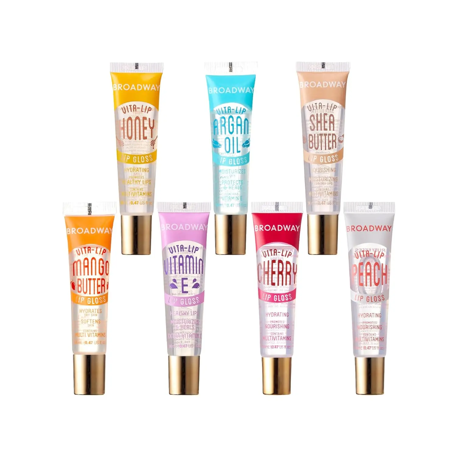 Ruby Kisses Broadway Vita-Lip Clear Lip Gloss Ultra-Hydrating & Soothing Formula with Vitamin Oils, High-Shine Non-Sticky Finish Lip Balm with Honey, Argan Oil, Shea, Mango Butter, Cherry, Peach (7 Pack)