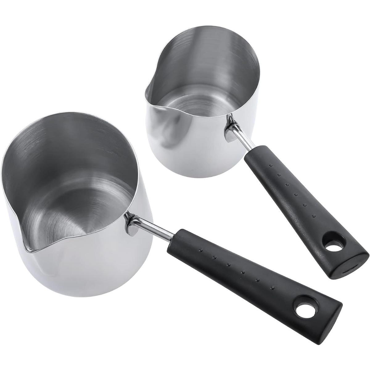 Set of 2 Milk Butter Warmer Pot, 12oz/22oz Turkish Coffee Pot, Stovetop Chocolate Melting Pan, Cezve Ibrik Briki Greek Arabic Coffee Maker for Maple Syrup, Sauce Heating, 18/8 Stainless Steel