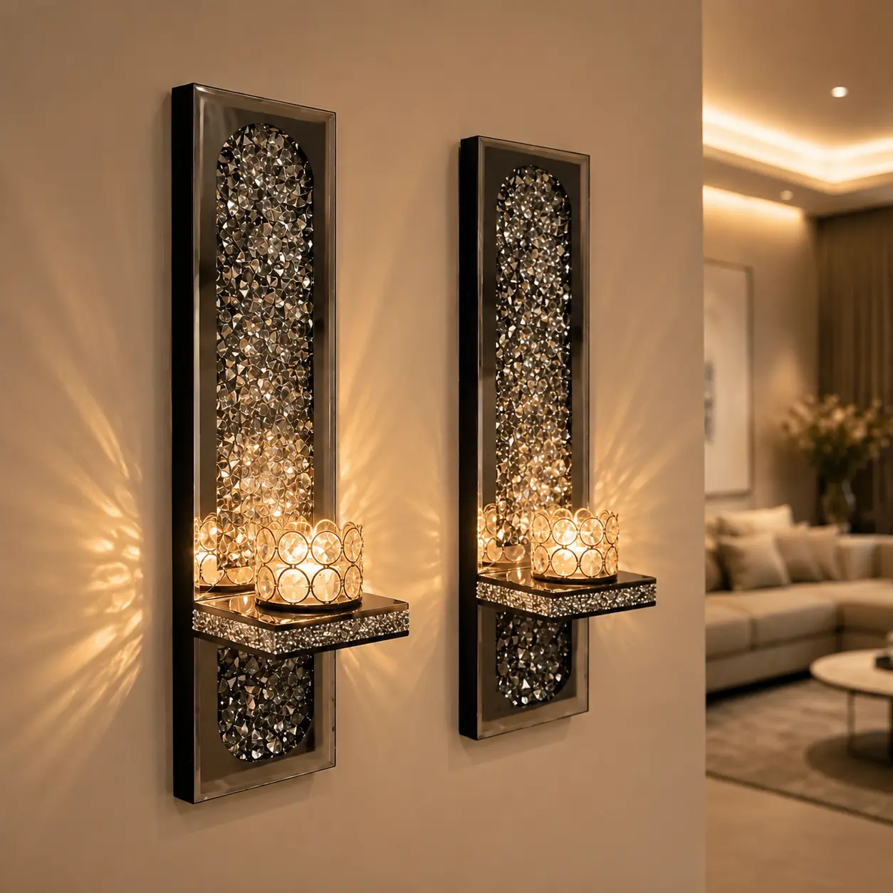 2-Piece Gold Crystal Mirror Wall Candelabra Set - Casual Home Decor for Wall, Mood Lighting Candle Sconces, Unique Decor for Living Room Statement Piece