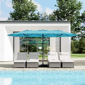 GARVEE 15FT Large Patio Umbrella with Base Included, Double-Sided Outdoor Market Rectangle Umbrellas Oversized Shade for 2-8 People, Weighted Base for Pool, Deck, Backyard (Misty Blue)
