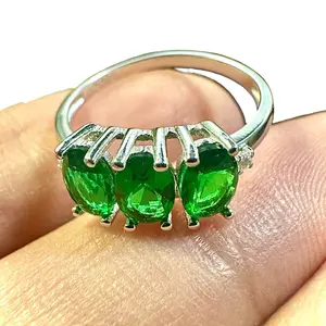 3.00 CTTW Tri Stone Oval Emerald 925 Sterling Silver Engagement Ring