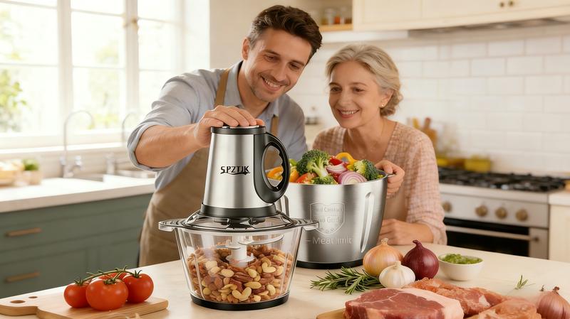 SPZTJK Electric Multi-Function Meat Grinder  for mincing and grinding Comes with 2 bowls (stainless steel and glass) and 2 blades Ideal for vegetables meats dough salads nuts and fresh baby food. BPA-free,dishwasher safe, saves  time For Home .Kitchen Use
