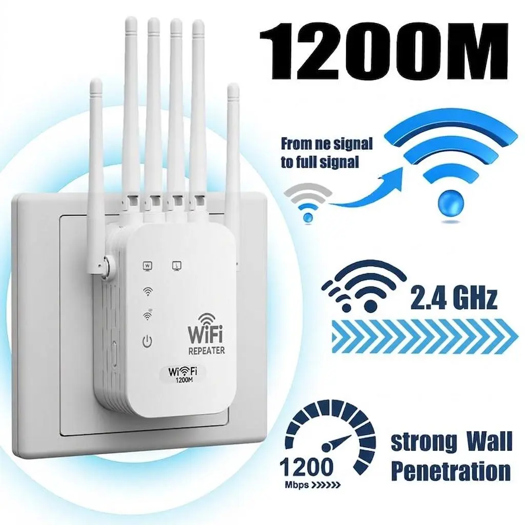 1200Mbps WiFi Extender Signal Booster, 6 Antennas for Long Range Coverage, Dual Band Internet Repeater, Eliminates Dead Zones, Fast & Stable Connection for Home Office, Gaming, Streaming Devices