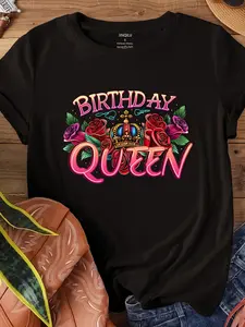 Women's Birthday Queen Neon Letter & Glitter Rose Printed T-Shirt: Casual Short Sleeve Crewneck Party Design, Cotton Pink-Black Glitter Letter, 4-Season Comfort Washable