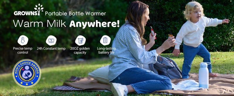 Grownsy Portable Bottle Warmer, Fast Baby Bottle Warmer On The Go, Cordless Travel Milk Warmer for Breastmilk/Formula, with Precise Temperature Control, Memory Function