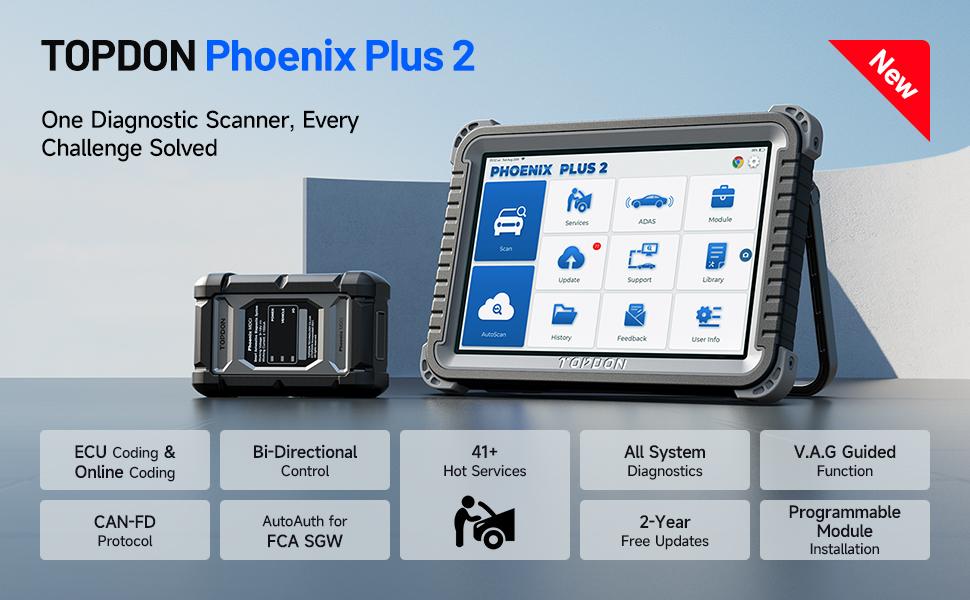 TOPDON Phoenix Plus 2 OBD2 Scanner, Bidirectional Car Diagnostic Scan Tool, ECU Coding, Topology Map, CANFD, OEM Full System, 41+ Service, 2 Years Free Update
