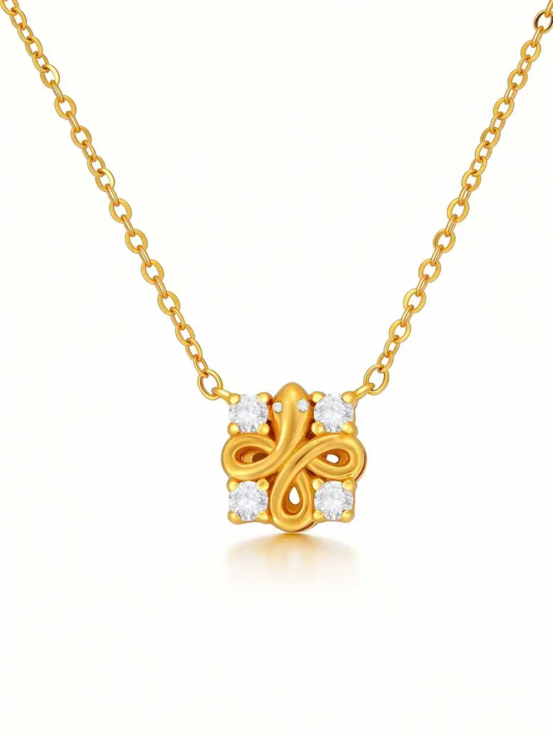 Vintage Spirit Snake Four-Leaf Clover Brooch-Style Pendant Necklace with Cubic Zirconia — Elegant, Sparkling Gold Fashion Jewelry Gift for Women