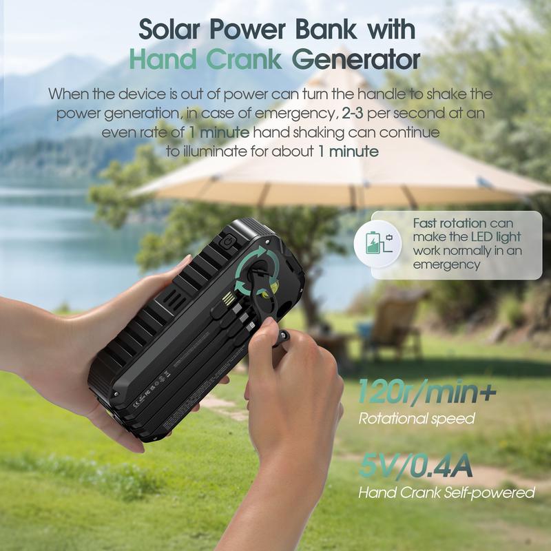 Bodo-Tech 40000mAh Solar Charger Hand Crank Power Bank with 4 Cables Fast PD20W Charging LED Flashlight for iPhone Android Samsung Orange Black