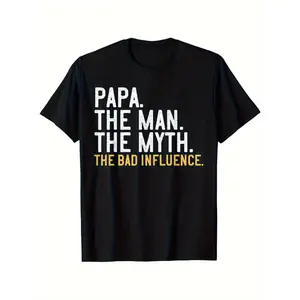 [Cotton Casual T-Shirt] Cotton Men's Casual T-Shirt - Durable Build, "Papa The for Man The Myth The Bad Influence" Print, Crew Neck, All-Season Knit Fabric, Regular Fit, 180gsm - Ideal Gift for Father's Day, Family & Friends, Humorous Clothing