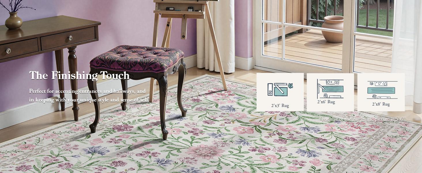 Lahome Boho Floral Area Rug – Washable, Non-Slip, Soft Thin Carpet for Living Room, Bedroom, Nursery and Kids Playroom