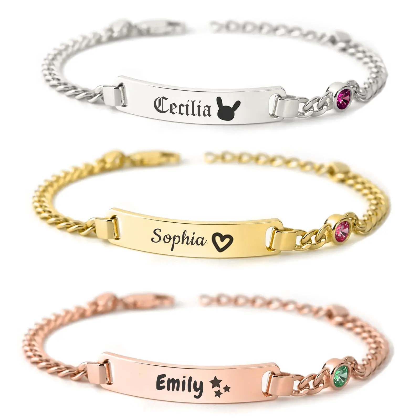 Women's Stainless Steel Heart Star Birthstone Bracelet - Custom Name Curved Engraved Tag, Elegant Minimalist Bangle, Personalized Holiday & Birthday Gift for Women, Minimalist Bracelets & Bangles, Non-Tarnishing Bracelets & Bangles