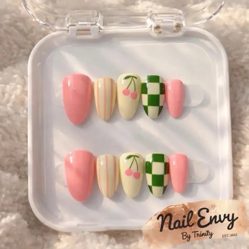 Handmade Cherry & Green Checkered Press On Nails – Retro Almond Nail Set