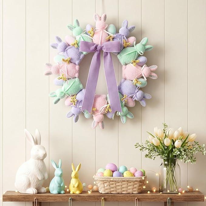 Easter Decorations Easter Flocked Bunny Wreath with Colorful Easter Eggs & Bows Rustic Spring Hanger Wall Wreath Decor for Front Doors Home Farmhouse Porch Wall Indoor Outdoor Window Bunny Decorations Party Backdrop Door Wreath