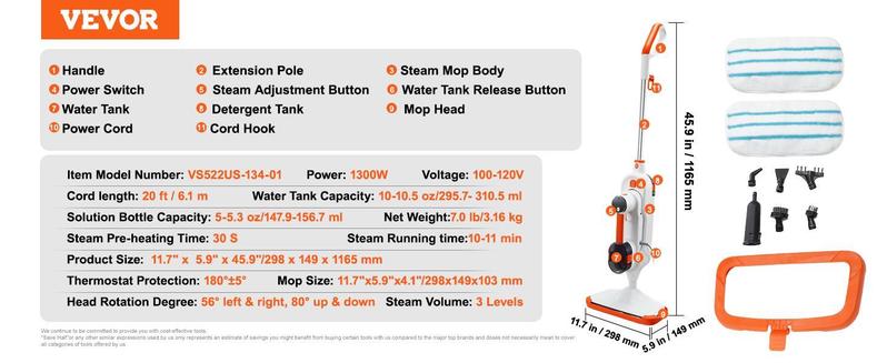 VEVOR Steam Mop Sweeper, 8-in-1 Hard Wood Floor Cleaner with 7 Replaceable Brush Heads, for Various Hard Floors, Like Ceramic, Granite, Marble, Linoleum, Natural Floor Mop with 2 pcs Machine