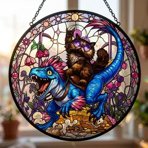 Stained Glass Dungeon Cat & Velociraptor Suncatcher, Fantasy Window Hanging, Geeky Cat Lover Home Decor, LitRPG Book Reader Gift For Crawlers