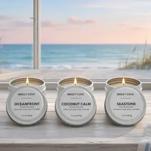 Beachside Mini Candle Trio – Nontoxic Long-Burning Beach Scented Candles, Mini Candle Gift Set, Coconut Soy Relaxation White Candle, Beach Therapy Scented Candle Gift Set, Coconut Scented Candle, Ocean Scented Candle, Spa Scented Candle
