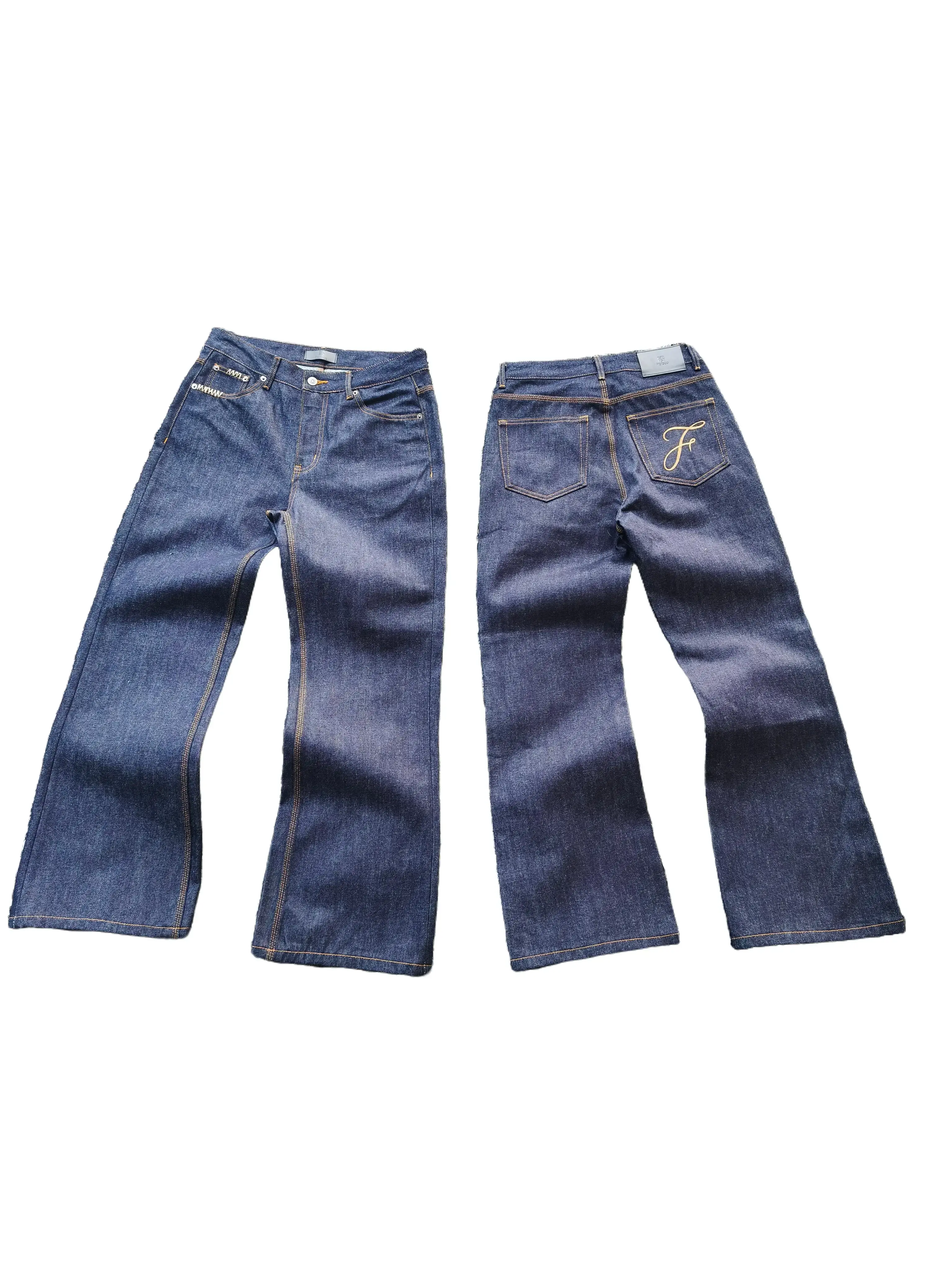 Frofooo Men's Bootcut Jeans - 16oz Blue Raw Denim Baggy Button Pants, Menswear Male Clothing Swag Clothes Fashion Streetwear, Raw Edge Vintage Bottoms