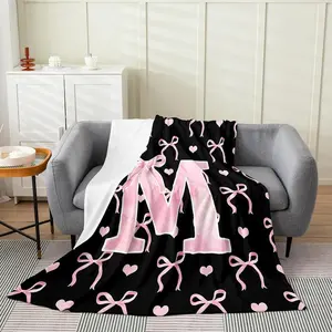 Initial Letter A-Z Flannel Blanket Throw for Girls, Black Pink Alphabet Flannel Blanket, Monogrammed Gifts for Daughter Women Teen Girls, Blanket for Bedding Bedroom Office,multiple Size(No Custom Orders Accepted)